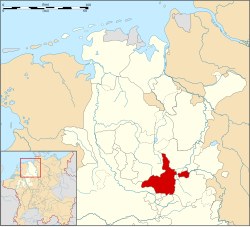 Bản đồ một phần của Vòng tròn Lower Rhenish–Westphalia 1560, Bá quốc Ravensberg trên cùng màu đỏ