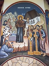 Freska Živonosni istočnik predstavlja Mariju-Bogrodicu koja je po vjerovanju kršćana rodila Hrista Boga, tvorca života