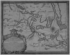 Nakskov and surrounding area (up = south) as depicted by the Swedish king's cartographer during the siege of Nakskov in 1658.[1]