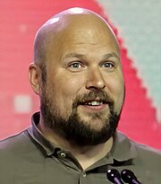 Minecraft creator Markus "Notch" Persson at the GDC in 2016 Notch receives the Pioneer Award at GDC 2016 (cropped).jpg