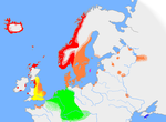 Aria de răspândire a dialectului din care provine daneza în timpul sec. X.