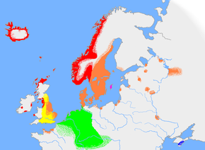 10세기경의 고대 노르드어 사용 지역:    고대 서노르드어    고대 동노르드어    고대 고틀란드 방언    크림 고트어    고대 영어    기타 고대 노르드어 계통의 게르만어파