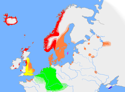Diffusione del dialetto Norreno in Inghilterra, nella regione del Danelaw e nelle isole circostanti l'Inghilterra