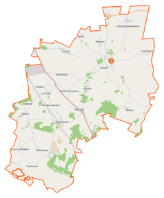 Mapa konturowa gminy Orla, blisko górnej krawiędzi po prawej znajduje się punkt z opisem „Cerkiew parafialna”