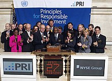 Unveiling of the PRI at the New York Stock Exchange in 2006, attended by founding PRI signatories and the former UN Secretary General Kofi Annan PRI opening at NYSE with UN Secretary General.jpg