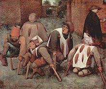 painting of a group of people, some missing feet, hunched over crutches as a beggar walks past