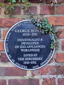 Plaque that reads 'George Bower 1826-1911 Industrialist & developer of gas appliances worldwide Lived at the Shrubbery 1861-1911'