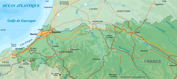 Mapa del departamento francés de Pirineos Atlánticos.