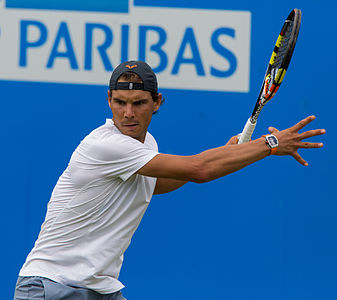 Rafael Nadal during practice at the Queens Club Aegon Championships in London, England.