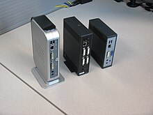 Rear shot Teradici PCoIP zero clients. From left to right Tera1, Tera2 (four DVI ports) and Tera2 (two DVI ports) Rear of Teradici zero clients tera1 tera2 (4-port) and tera2 (2-port).JPG