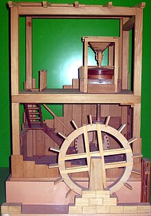 The watermill, as the first machine harnessing natural forces (apart from the sail) and as such holding a special place in the history of technology, was invented by Greek engineers sometime between the 3rd and 1st centuries BC. Here a Roman gristmill as described by Vitruvius. Roda de Vitruvi.jpg