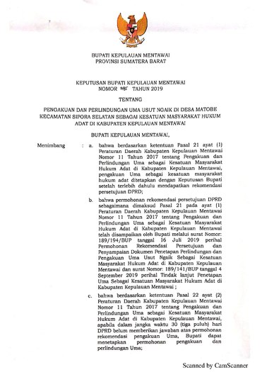 Surat Keputusan Bupati Kepulauan Mentawai Nomor 385 Tahun 2019 tentang Pengakuan dan Perlindungan Uma Usut Ngaik di Desa Matobe Kecamatan Sipora Selatan sebagai Kesatuan Masyarakat Hukum Adat di Kabupaten Kepulauan Mentawai