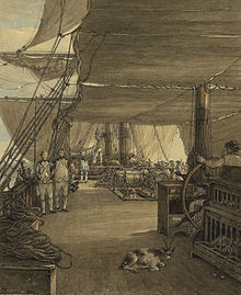 Scene de pont montrant poulailler barreur et capitaine vers 1775.jpg