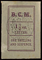 1884, надписи «B. C. M.», «LETTER.» («Письмо») и «1½ oz.», 1 шиллинг 6 пенсов, чёрная печать вице-консульства (Sc #7)