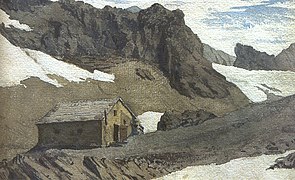 Die 1869 eröffnete Stüdlhütte in einem Gemälde eines unbekannten Malers aus dem Jahr 1874