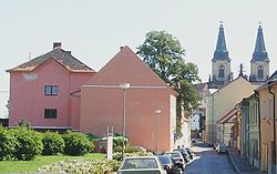 Někdejší synagoga je růžový dům úplně vlevo
