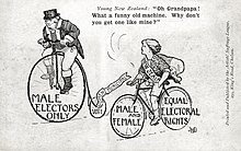 New Zealand postcard advocating equal voting rights for women. Note that women could already vote in local elections (the small wheel of the penny-farthing) TWL.2000.58Postcard, printed, cardboard, black text and image, white ground, Artists' Suffrage League illustration depicting an old man riding a penny farthing bicycle with the inscription- 'MALE (23070284806).jpg