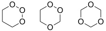 Struktury chemiczne trzech izomerów trioksanu: 1,2,3-trioksanu, 1,2,4-trioksanu i 1,3,5-trioksanu