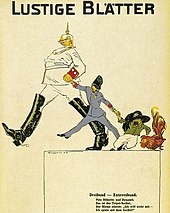 Cartoon of the Berlin satirical journal Lustige Blatter. In the Triple Alliance, an adult German drags the Austrian boy along, while the Italian child throws a tantrum to stay with the French cockerel. Triple Alliance Lustige Blatter.jpg