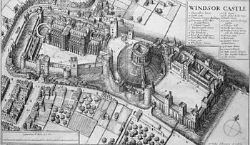 A detailed engraving of a castle, seen from the air. The castle is divided in three pieces, with a domed mound in the middle, upon which is a keep. The castle and walls look stubby and short from this angle.