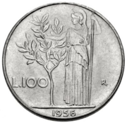1955 coin, 100 lira, uses L.