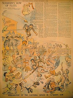 A year and a half later, Outcault was drawing the Yellow Kid for Hearst's New York Journal in a full-page color Sunday supplement as McFadden's Row of Flats. In this 15 November 1896 Sunday panel, word balloons have appeared, the action is openly violent and the drawing has become mixed and chaotic. 1896-11-15 Yellow Kid.jpg