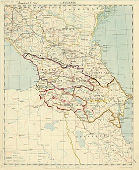 Britaniya Ordusu tərəfindən Qafqazın 1918-ci il tarixli siyasi xəritəsi. Ermənistan, Azərbaycan, Gürcüstanın "de-fakto" dövlətlərini, habelə "üsyançıların müvəqqəti nəzarəti altında olan" bölgələri göstərir.