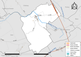 Carte en couleur présentant le réseau hydrographique de la commune