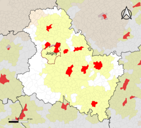 Localisation de l'aire d'attraction de Joigny dans le département de l'Yonne.