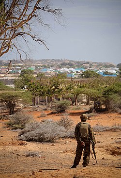 ソマリア政府・アフリカ連合ソマリアミッション（AMISOM）の兵士と州都キスマヨ（2012年）