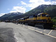 A northbound Alaska Railroad passenger train idles at the Seward, Alaska, depot on June 30, 2010 AlaskaRailroadPassenger.jpg