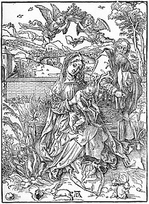 La Sainte Famille avec trois lièvres, 1498, 395 × 285 mm, gravure sur bois.