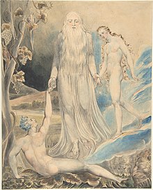 William Blake's pencil illustration of The Creation of Eve in response to the line "And She Shall Be Called Woman". The object was created c. 1803-1805 and currently is held by the Metropolitan Museum of Art Angel of the Divine Presence Bringing Eve to Adam (The Creation of Eve- "And She Shall be Called Woman) (recto); Sketch for the same (verso) MET DP805381.jpg