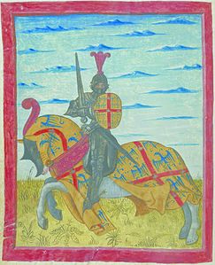 Laval, enluminure sur parchemin, Armorial de Gilles Le Bouvier, dit Berry, héraut d'armes du roi Charles VII, ms. 4985, fo 78 vo, XVe siècle, BnF.