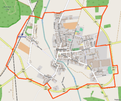 Mapa konturowa Babimostu, w centrum znajduje się punkt z opisem „Synagoga w Babimoście”