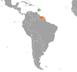 Kaart met daarop Barbados en Suriname