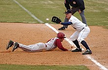 A first baseman receives a pickoff throw, as the runner dives back to first base. Baseball pick-off attempt.jpg