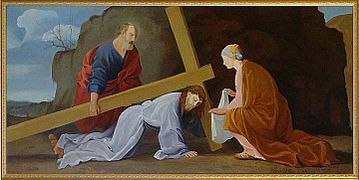 Simon de Cyrène aide Jésus à porter sa croix et Sainte Véronique essuie le visage de Jésus.
