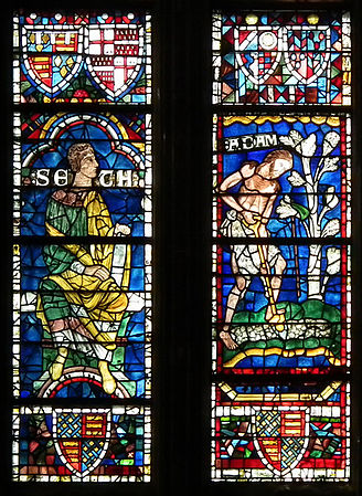 Canterbury, Canterbury cathedral-stained glass 03 Seth and Adam.JPG