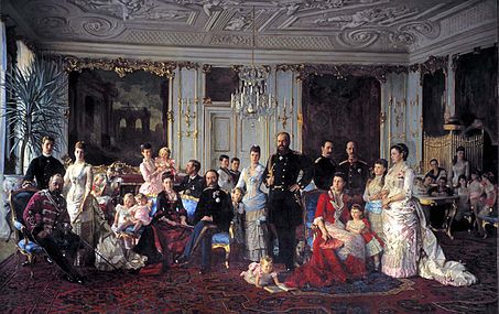 Laurits Tuxen, Christian IX med sin slægt samlet i Havesalen på Fredensborg i 1883, 1886, Christiansborg Slot (5 m × 7 m)