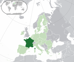 法国本土的位置（深绿色） – 欧洲（绿色及深灰色） – 欧盟（绿色）