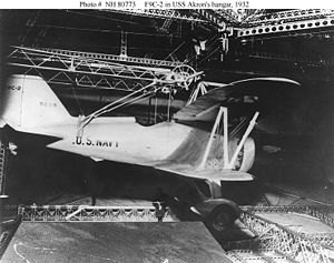 A Curtiss F9C-2 Sparrowhawk inside USS Akron (...