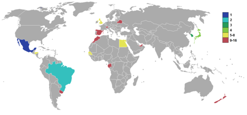 Planisphère multicolore du classement final de chaque nation engagée.