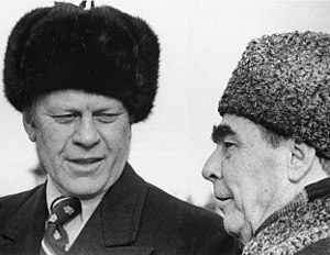 Gerald Ford wearing an ushanka and Leonid Brez...