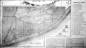 A map illustrating the devastation in Galveston. There is a dark shaded arch-area, demarcating total destruction in that region of the city