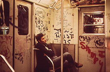 Heavily tagged New York City Subway car in 1973 Heavily tagged subway car in NY.jpg