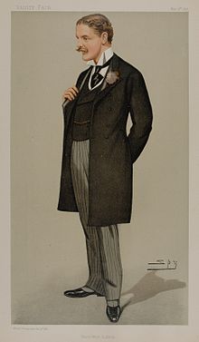 Old colored drawing of a youngish man in a 19th-century suit with frock coat, black tie, striped trousers, spats and a pink flower in his buttonhole, facing 3/4 to his right