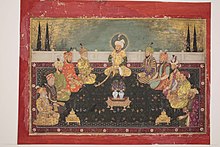 Group portrait of Mughal rulers, from Babur to Aurangzeb, with the Mughal ancestor Timur seated in the middle. On the left: Shah Jahan, Akbar and Babur, with Abu Sa'id of Samarkand and Timur's son, Miran Shah. On the right: Aurangzeb, Jahangir and Humayun, and two of Timur's other offspring Umar Shaykh and Muhammad Sultan. Created c. 1707-12 Khalili Collection Islamic Art mss 0874.3.jpg