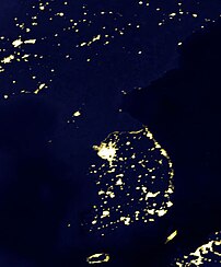Satellite picture displaying the Korean peninsula at night.