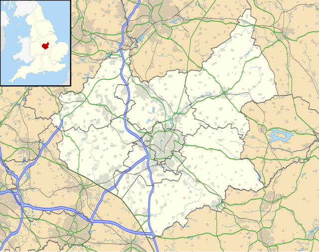 Mapa konturowa Leicestershire, u góry nieco na lewo znajduje się punkt z opisem „EMA”
